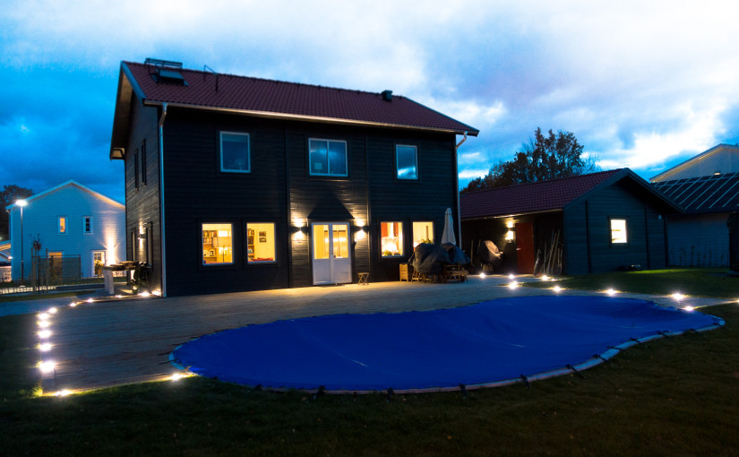 Final result pool and terrace by night with lightning